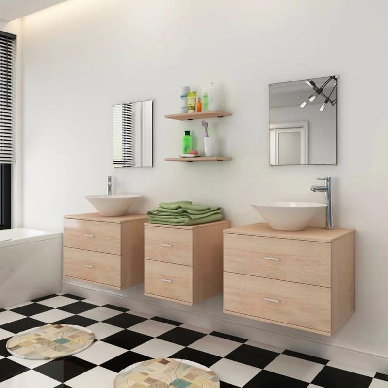Sæt m Badeværelsesmøbler M/Håndvask + Vandhane 9 Dele - Beige - Badeværelse - Badeværelsesmøbler - Komplette møbelpakker