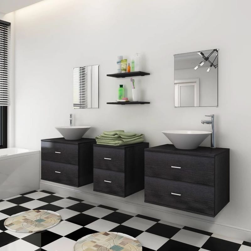 Sæt Med Badeværelsesmøbler M/Håndvask + Vandhane 9 Dele Sort - Sort - Badeværelse - Badeværelsesmøbler - Vægskabe & højskabe
