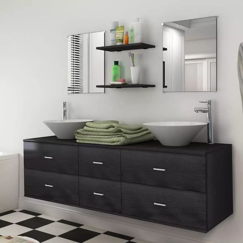 Sæt Med Badeværelsesmøbler M/Håndvask + Vandhane 9 Dele Sort - Sort - Badeværelse - Badeværelsesmøbler - Komplette møbelpakker