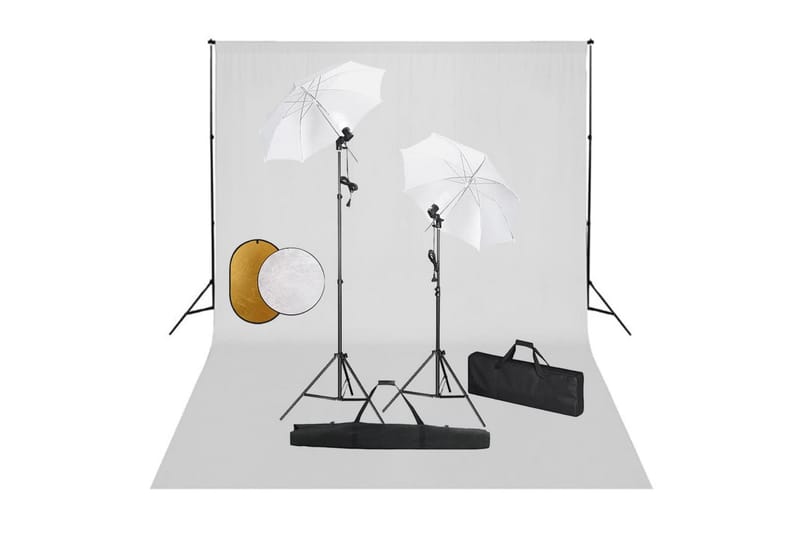 fotostudieudstyr med lamper, paraplyer, baggrund & reflektor