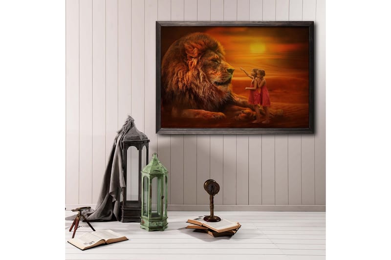 Girls Looking At Lion Foto Orange - 70x50 cm - Boligtilbehør - Billeder & kunst - Posters & plakater