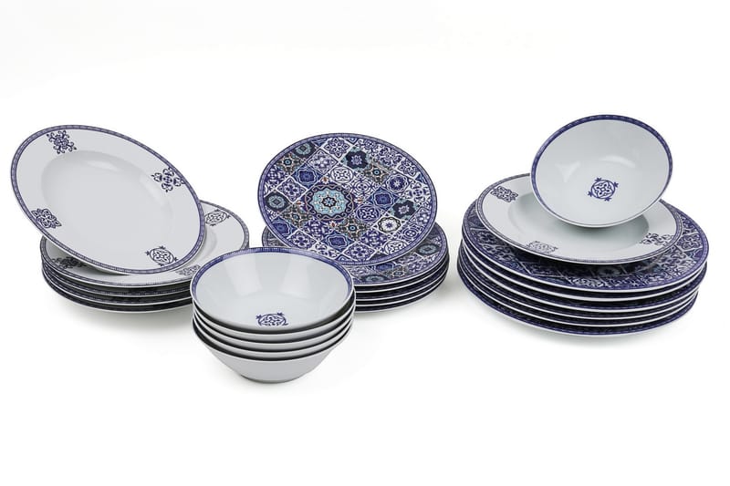 Kütahya Porcelæn Middagsservice 24 Dele Porcelæn - Hvid/Blå - Boligtilbehør - Køkkenudstyr - Tallerkener