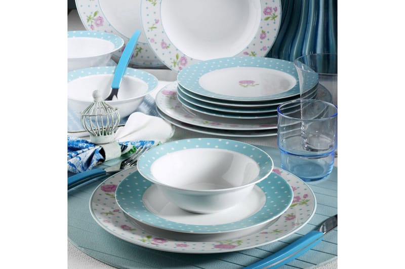 Kütahya Porcelæn Middagsservice 24 Dele Porcelæn - Hvid/Blå/Lyserød - Boligtilbehør - Køkkenudstyr - Tallerkener