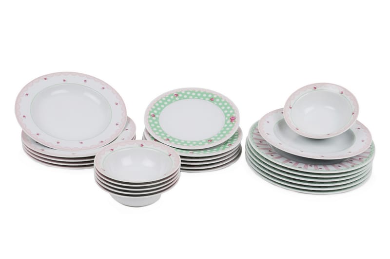 Kütahya Porcelæn Middagsservice 24 Dele Porcelæn - Hvid/Lyserød/Grøn - Boligtilbehør - Køkkenudstyr - Tallerkener
