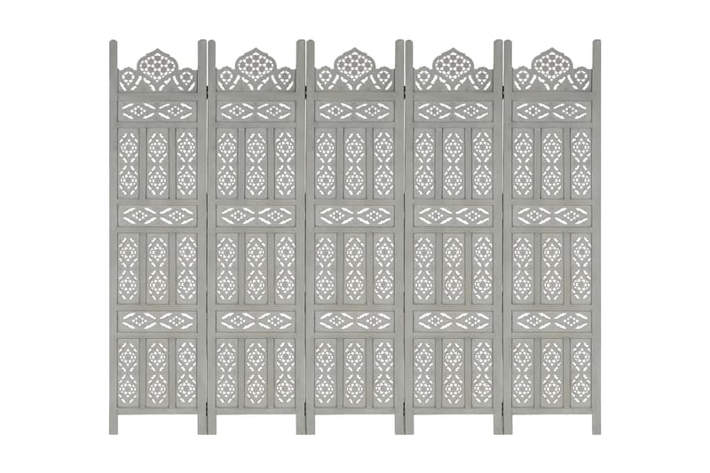 5-panels rumdeler håndskåret 200x165 cm massivt mangotræ grå - Grå - Boligtilbehør - Rumdelere