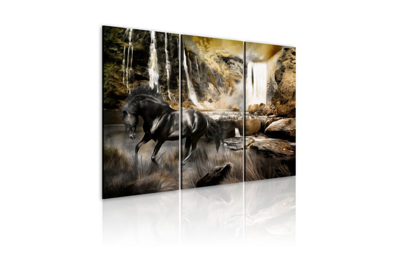 Billede Black Horse And Rocky Waterfall 120x80 - Findes i flere størrelser - Boligtilbehør - Vægdekoration - Billeder på lærred