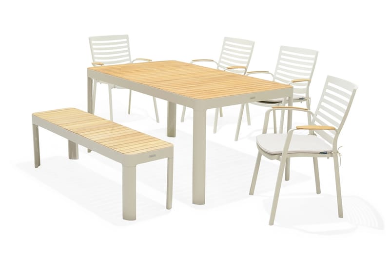 Portals Spisebordssæt 161 cm + 4 stole + bænk - Hvid / træ - Havemøbler - Havesæt - Komplette havesæt