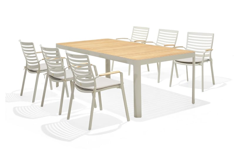 Portals Spisebordssæt 209 cm + 6 stole - Hvid / træ - Havemøbler - Havesæt - Komplette havesæt