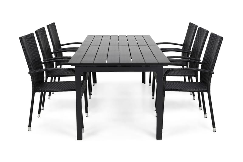 Portland Spisebordssæt 220-280x90 + 6 Thor Light Stabelstol - Sort - Havemøbler - Havesæt - Komplette havesæt