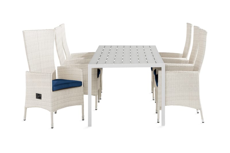 Tunis Spisebordssæt 205x90 + 6 Jenny Lænestol Justerbar m. H - Hvid/Blå - Havemøbler - Havesæt - Komplette havesæt
