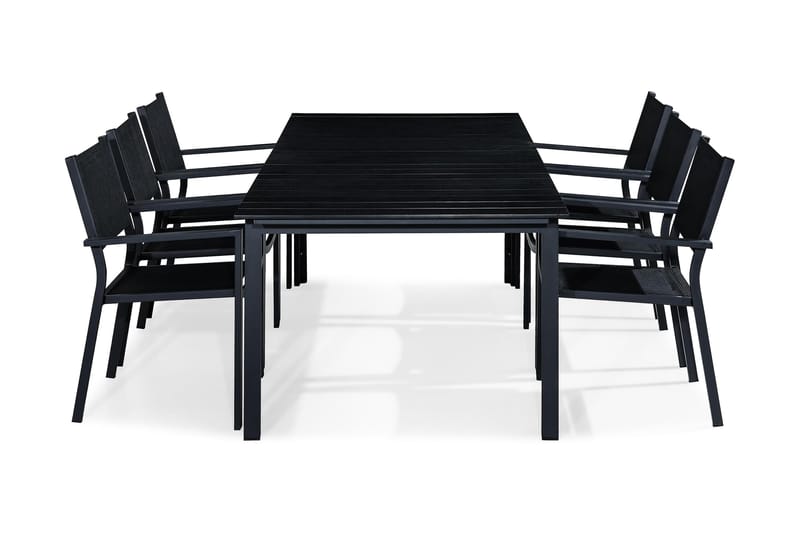 Tunis Spisebordssæt 220-280x90 + 6 Stabelstole - Sort - Havemøbler - Stole & lænestole - Spisebordsstole