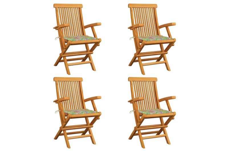 Havestole 4 Stk. Med Bladmønstrede Hynder massivt teaktræ - Flerfarvet - Havemøbler - Stole & lænestole - Spisebordsstole