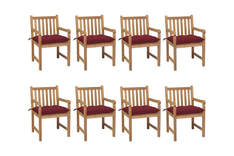 havestole 8 stk. med vinrøde hynder massivt teaktræ - Brun - Havemøbler - Havestole - Spisebordsstole