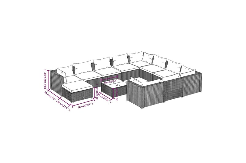 loungesæt til haven 12 dele med hynder polyrattan grå - Grå - Havemøbler - Loungemøbler - Loungesæt