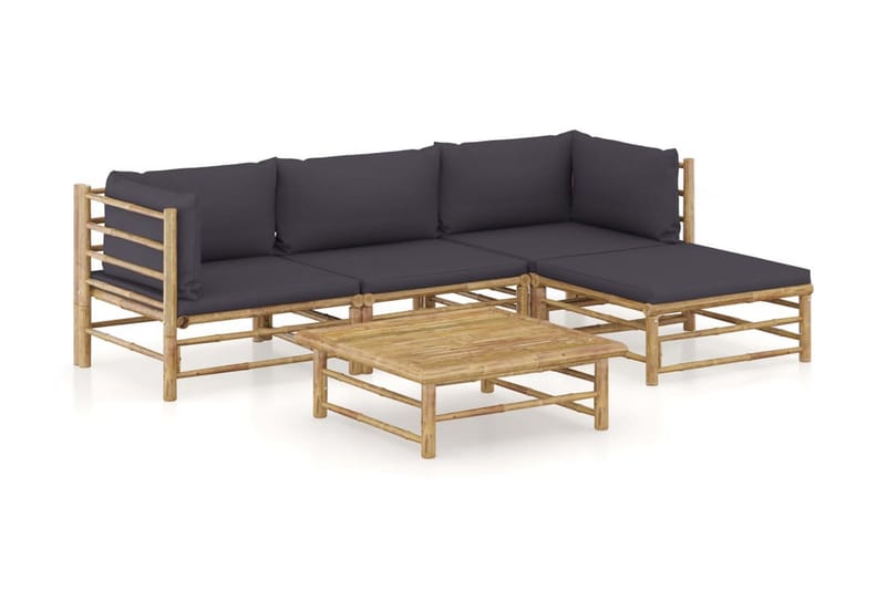 Loungesæt til haven 5 dele med mørkegrå hynder bambus - Brun - Havemøbler - Loungemøbler - Loungesæt