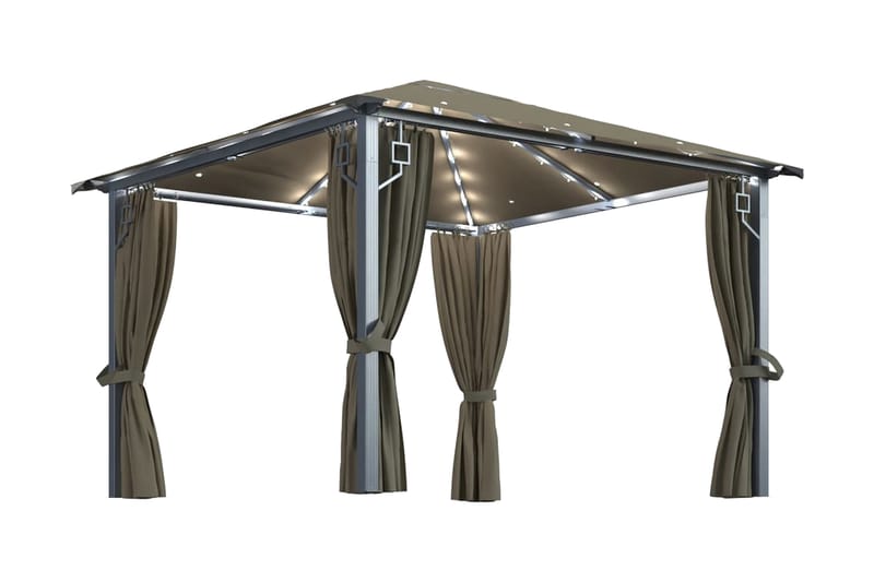 pavillon med gardin og lyskæde 300x300 cm aluminium gråbrun - Gråbrun - Havemøbler - Solafskærmning - Havepavilloner