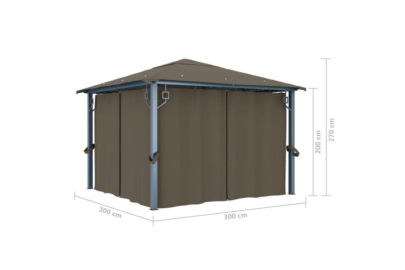 pavillon med gardin og lyskæde 300x300 cm aluminium gråbrun - Gråbrun - Havemøbler - Solafskærmning - Havepavilloner