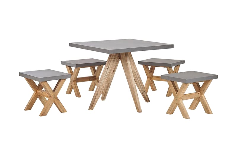 Havesæt med borde og 4 skamler 90 x 90 cm OLBIA - Grå - Havemøbler - Udendørsgruppe - Cafesæt