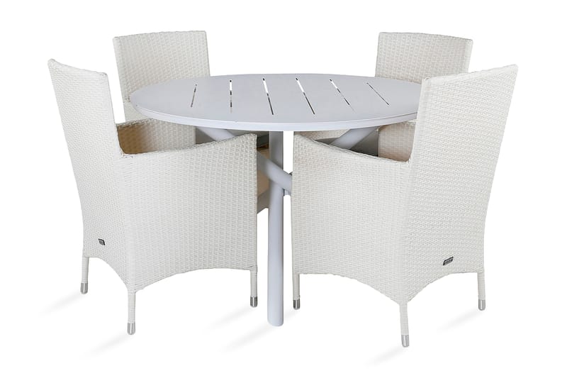 Almedalen Spisebordssæt Rund 120 cm + 4 Malin Armstole - Hvid - Havemøbler - Udendørsgruppe - Havesæt