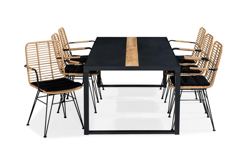 Bastian Spisebordssæt 200x100 + 6 Malaga Stol m. Hynde - Sort/Teak/Natur - Havemøbler - Udendørsgruppe - Havesæt