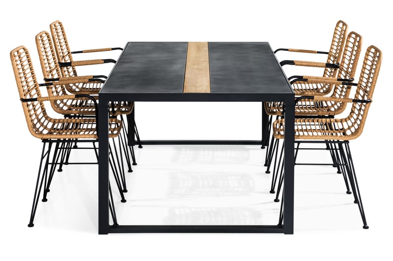 Bastian Spisebordssæt 200x100 + 6 Malaga Stol - Sort/Teak/Natur - Havemøbler - Udendørsgruppe - Havesæt