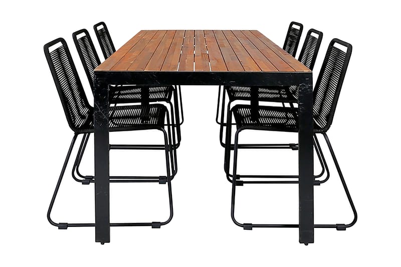 Bounce Spisebordssæt 200 cm + 6 Linero Stabelstole - Natur/Sort - Havemøbler - Udendørsgruppe - Havesæt
