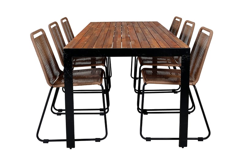 Bounce Spisebordssæt 200 cm + 6 Linero Stabelstole - Natur/Sort/Brun - Havemøbler - Udendørsgruppe - Havesæt