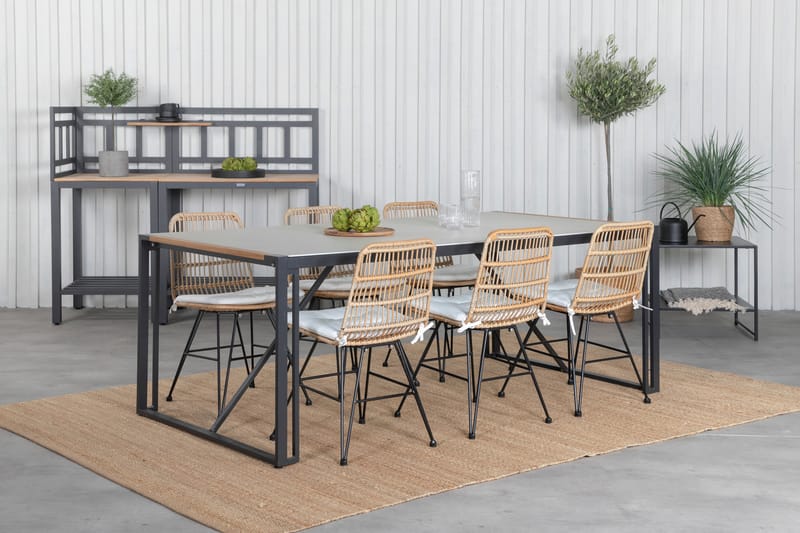 Kongola Spisebordssæt 200 cm + 6 Viggo Stole - Sort/Grå/Natur/Hvid - Havemøbler - Udendørsgruppe - Havesæt