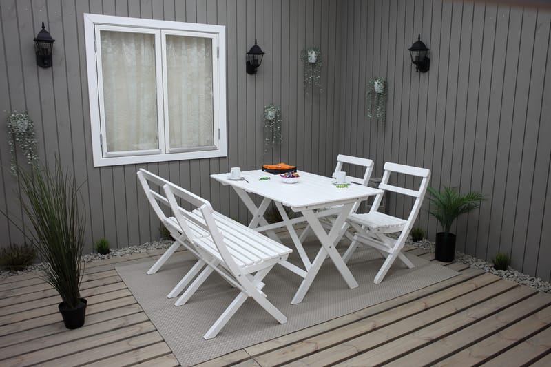 Larios Spisebordssæt + 2 Sammenfoldelige Stole + Bænk - Hvidt - Havemøbler - Udendørsgruppe - Havesæt