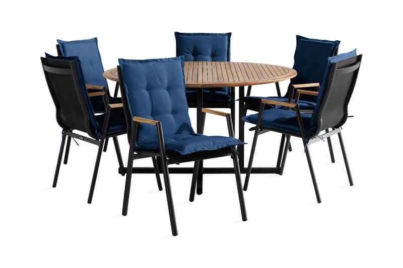 Lines Spisebordssæt + 6 Las Vegas lænestole m hynder - Blå / sort / teak - Havemøbler - Udendørsgruppe - Havesæt