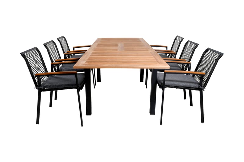 Panama Spisebordssæt 152 cm + 6 Donny Stole - Teak/Sort/Natur - Havemøbler - Havebord - Spisebord