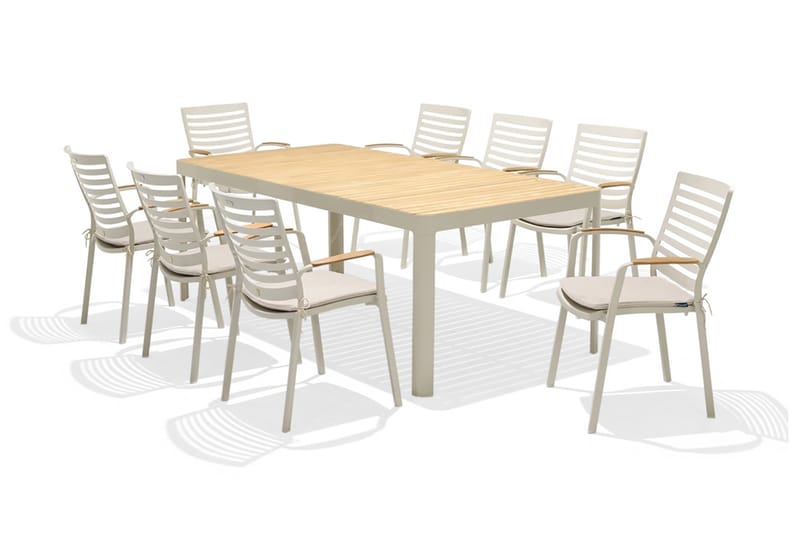 Portals Spisebordssæt 209 cm + 8 stole - Hvid / træ - Havemøbler - Havebord - Spisebord