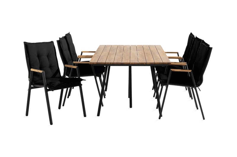 Trio Spisebordssæt + 6 Las Vegas lænestole - Sort / teak - Havemøbler - Udendørsgruppe - Havesæt