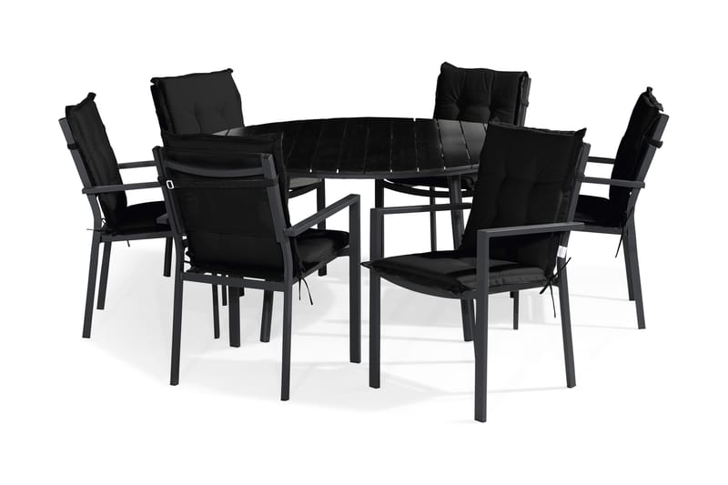 Tunis Spisebordssæt 140 Rund + 6 Stabelstole m. Hynde - Sort - Havemøbler - Udendørsgruppe - Havesæt