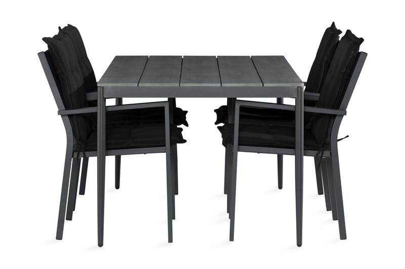 Zaide Spisebordsæt 150 cm + 4 Tunis Stabelstol + Hynde - Grå/Sort - Havemøbler - Udendørsgruppe - Havesæt