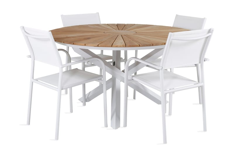 Mexico Spisebordssæt Rund 140 cm + 4 Santorini Armstole - Teak/Hvid - Havemøbler - Havesæt - Komplette havesæt