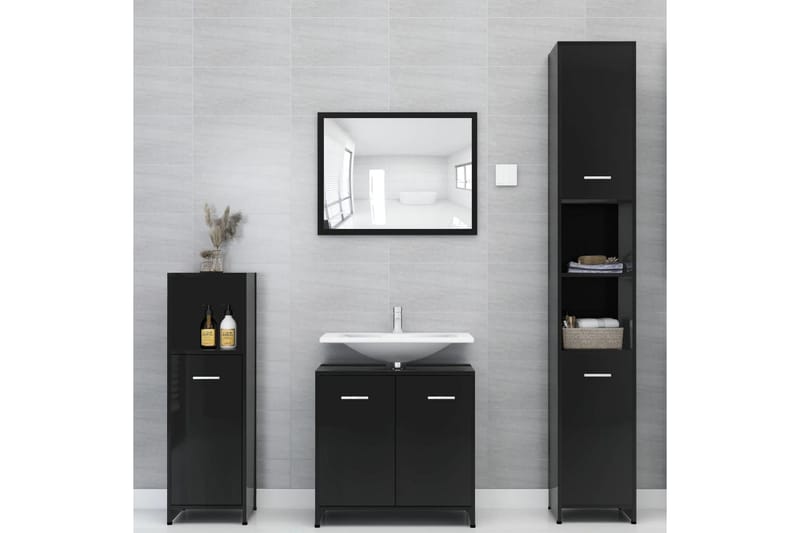 badeværelsesmøbelsæt 3 dele spånplade sort højglans - Sort - Hus & renovering - Køkken & bad - Badeværelse - Badeværelsesmøbler - Komplette møbelpakker