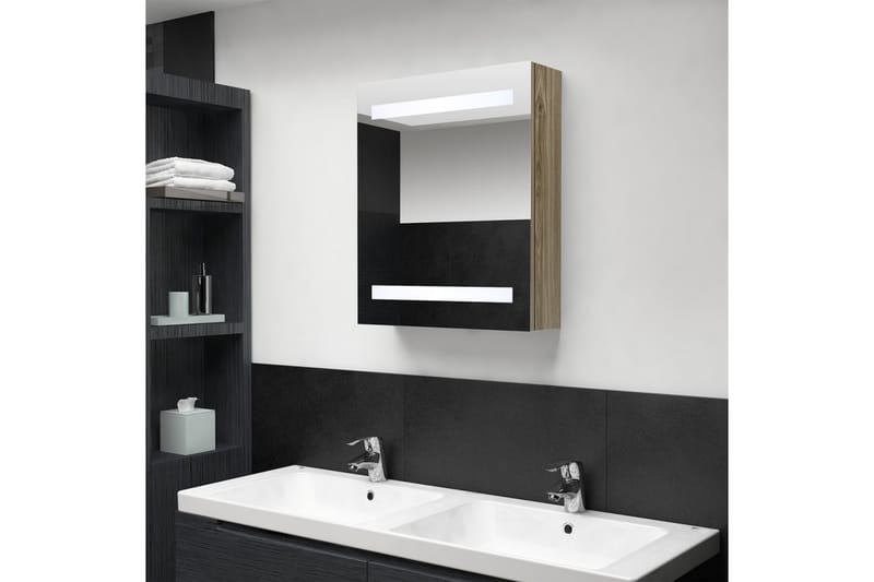 badeværelsesskab m. spejl LED 50x14x60 cm egetræsfarvet - Brun - Hus & renovering - Køkken & bad - Badeværelse - Badeværelsesmøbler - Spejlskabe