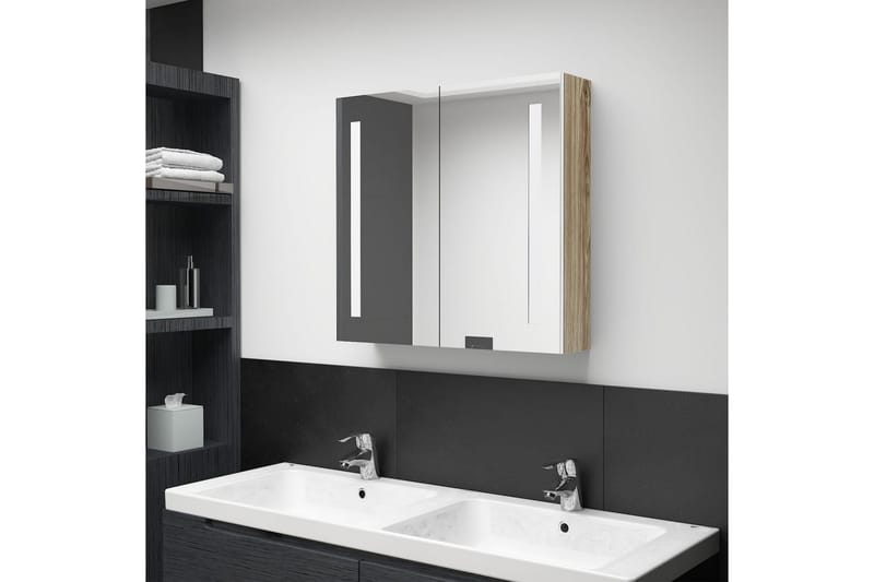 badeværelsesskab m. spejl LED 62x14x60 cm hvid og egetræ - Hus & renovering - Køkken & bad - Badeværelse - Badeværelsesmøbler - Spejlskabe