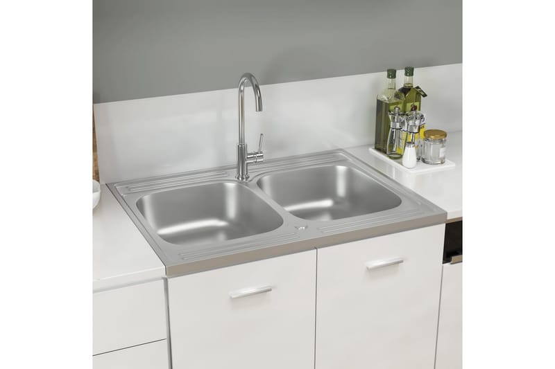dobbelt køkkenvask 800x600x155 mm rustfrit stål sølvfarvet - Sølv - Hus & renovering - Køkken & bad - Badeværelse - Håndvaske - Dobbelt håndvask