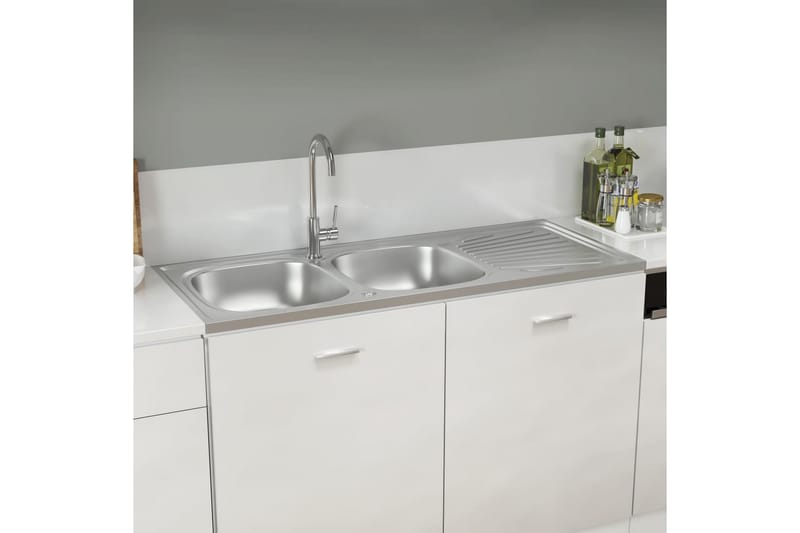 dobbelt køkkenvask 1200x500x155 mm rustfrit stål sølvfarvet - Sølv - Hus & renovering - Køkken & bad - Badeværelse - Håndvaske - Dobbelt håndvask