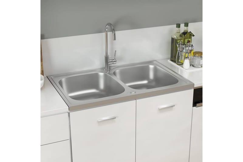 dobbelt køkkenvask 800x500x155 mm rustfrit stål sølvfarvet - Sølv - Hus & renovering - Køkken & bad - Badeværelse - Håndvaske - Dobbelt håndvask