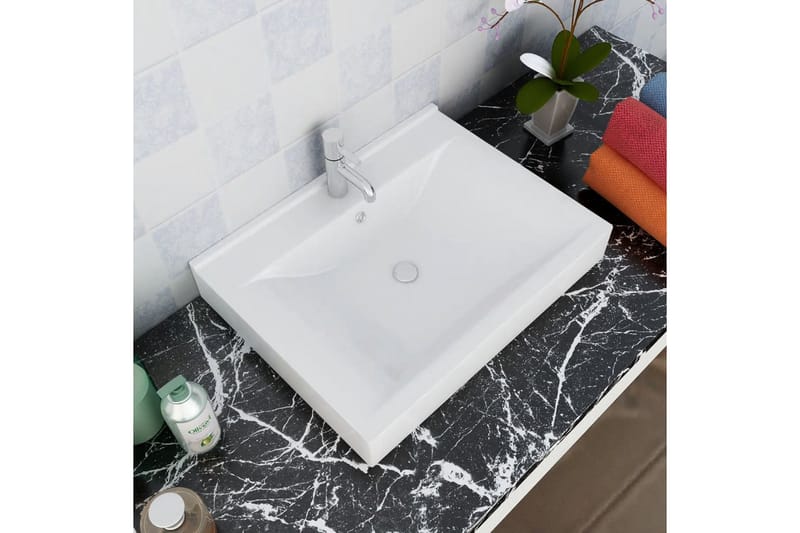 Keramisk firkantet håndvask m. overløb og hanehul 60x46 cm - Hvid - Hus & renovering - Køkken & bad - Badeværelse - Håndvaske - Enkelt håndvask