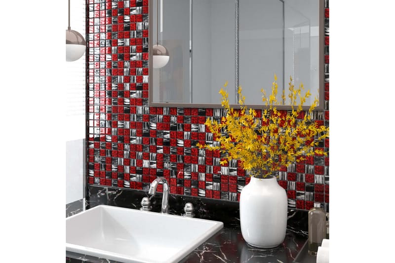 selvklæbende mosaikfliser 22 stk. 30x30 cm glas sort og rød - Flerfarvet - Hus & renovering - Køkken & bad - Kakkel & klinker - Mosaik - Glasmosaik