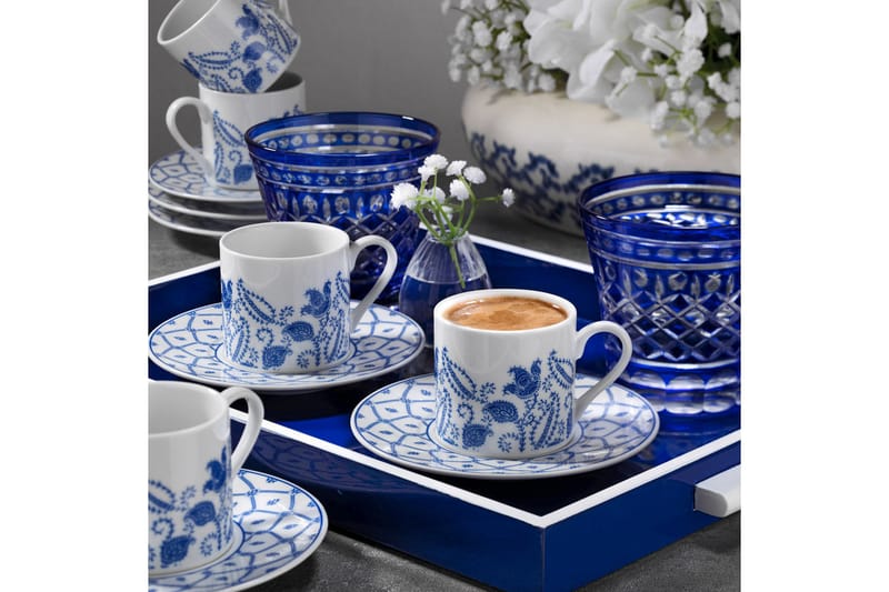 Kütahya Porcelæn Kaffeservice 12 Dele Porcelæn - Hvid/Mørkeblå - Husholdning - Servering & opdækning - Kopper