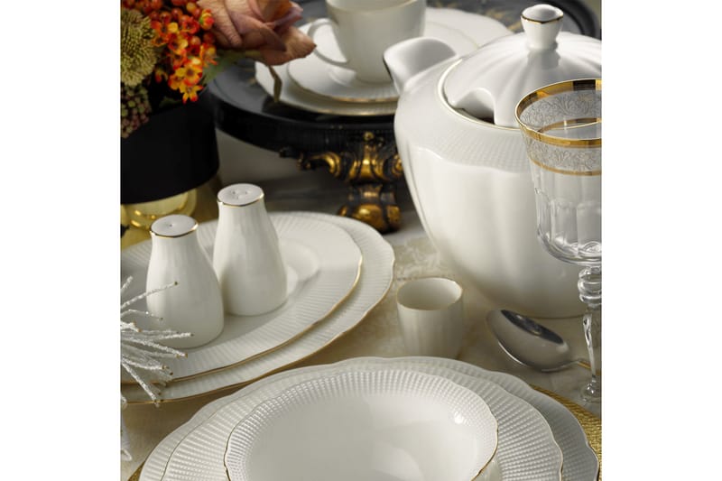 Adine Porcelæn Middagsservice 83 Dele Porcelæn - Hvid/Guld - Husholdning - Servering & opdækning - Tallerkener