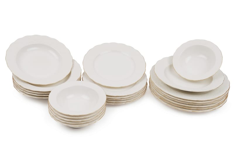 Kütahya Porcelæn Middagsservice 24 Dele Porcelæn - Hvid/Guld - Husholdning - Servering & opdækning - Tallerkener