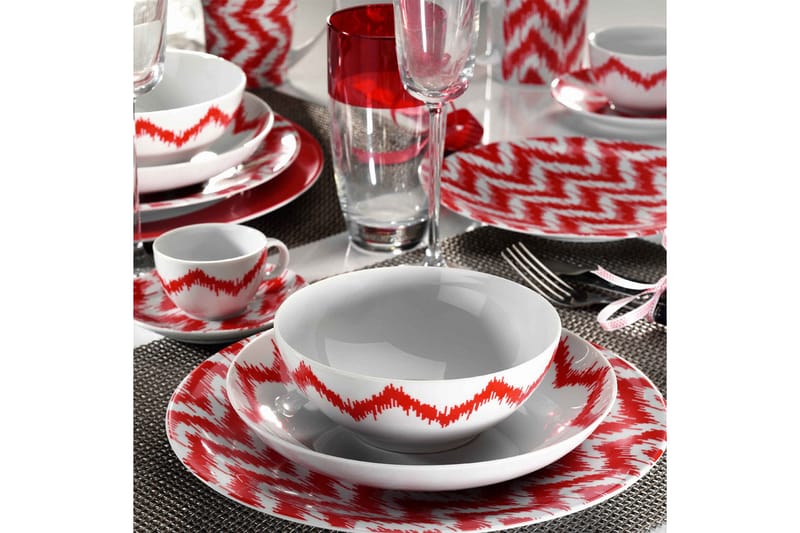 Kütahya Porcelæn Middagsservice 24 Dele Porcelæn - Hvid/Rød - Husholdning - Servering & opdækning - Tallerkener