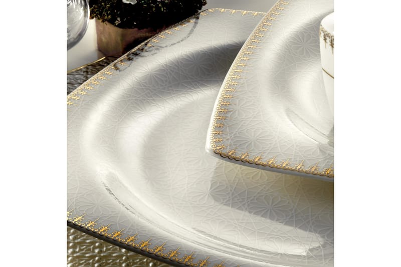 Kütahya Porcelæn Middagsservice 62 Dele Porcelæn - Hvid/Guld - Husholdning - Servering & opdækning - Tallerkener