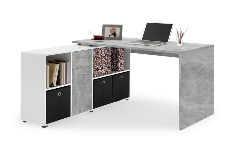 Lexo Hjørneskrivebord 136 cm med Justerbar Hylde - Beton - Møbler - Borde - Kontorbord - Skrivebord - hjørneskrivebord